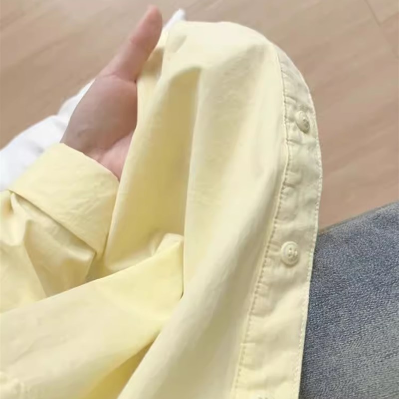 超好看奶黄色长袖衬衫女外套2024春夏季新款薄款宽松纯棉防晒衬衣