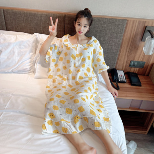 套头孕妇家居服睡衣 可爱全棉短袖 双层棉纱布大码 胖mm睡裙女夏薄款