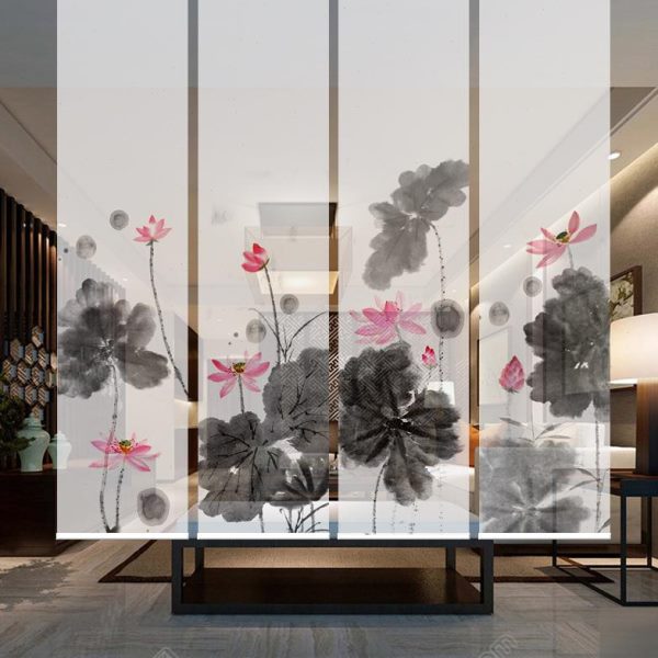 个性定制古典国画风格现代中式屏风隔断包邮水墨荷花遮光隔热卷帘