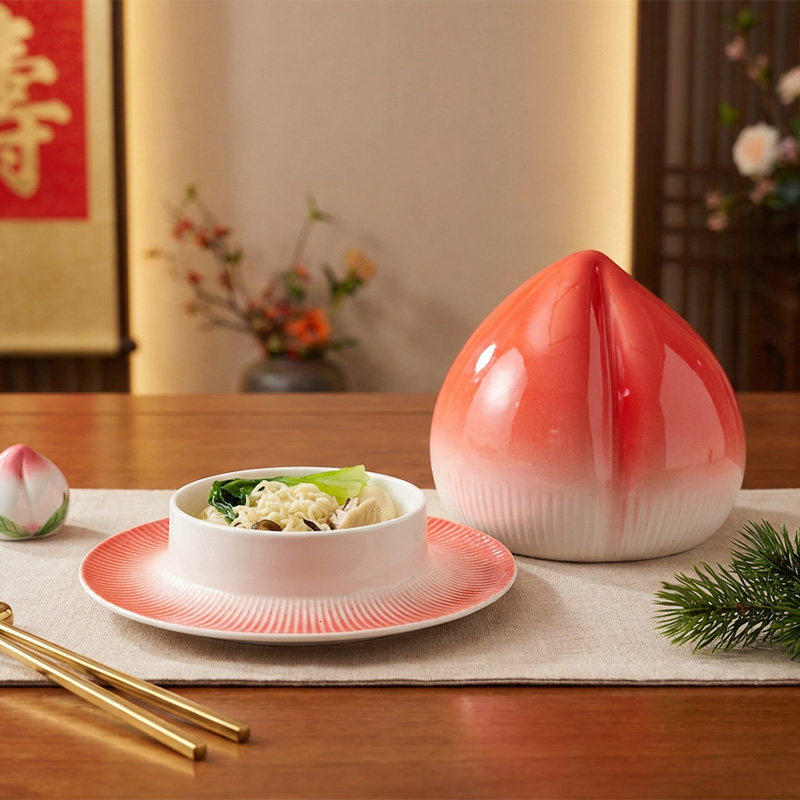 寿桃陶瓷面中式寿宴餐具餐厅生日宴凉菜盘 创意长寿面意境菜摆盘