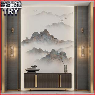玄关水墨壁纸山水画抽象墙纸壁画客厅沙发过道屏风墙布 轻奢新中式