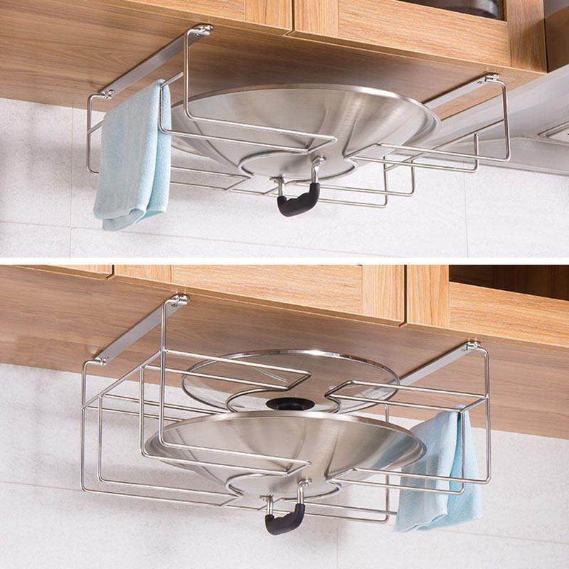厨房壁挂式大锅盖架子 多功能免打墙孔吊柜下304不锈钢挂钩置物架,厨房/烹饪用具,锅盖架/锅盖收纳垫,淘宝优惠券,粉丝福利购,淘宝优惠卷