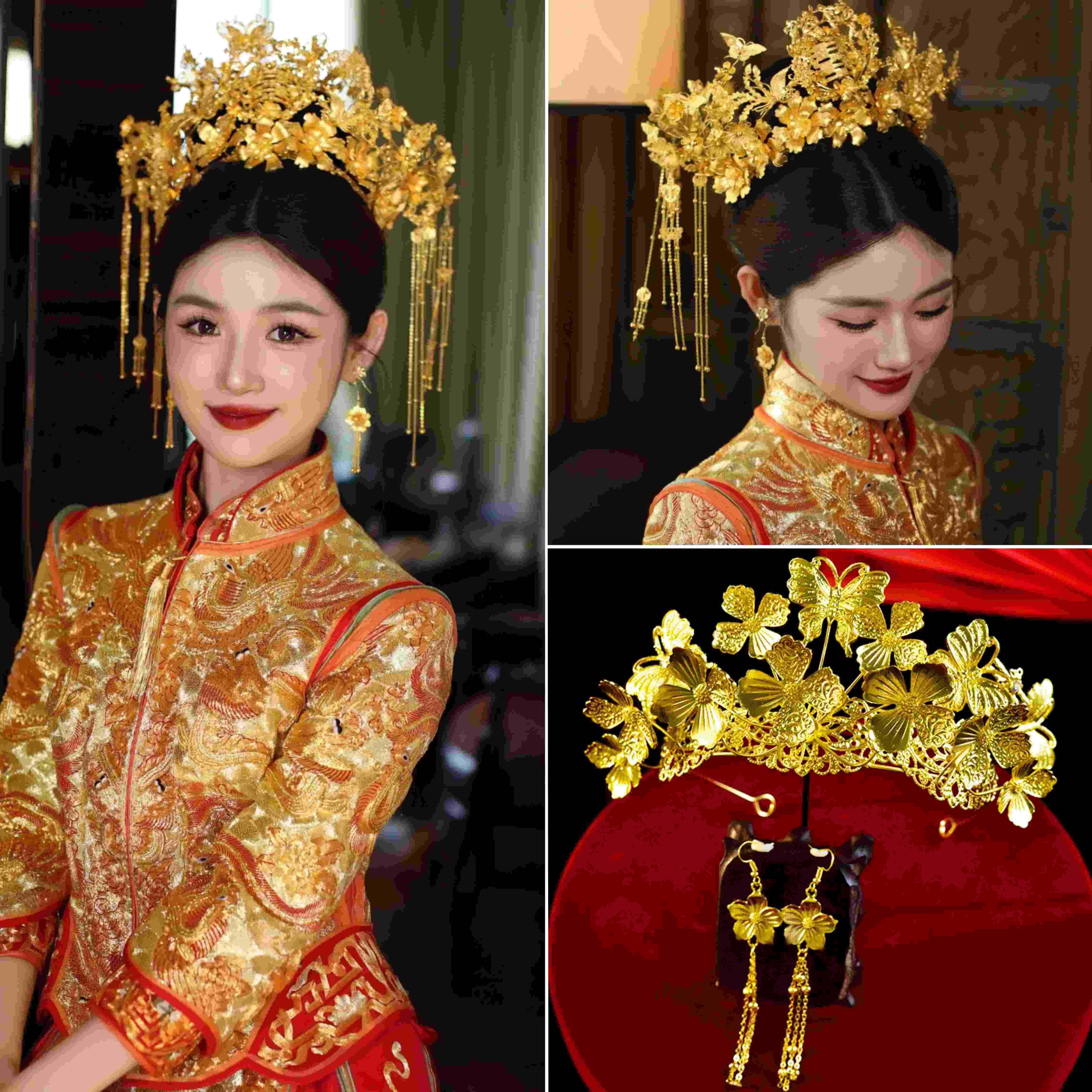 新娘秀禾头饰金色凤冠头饰新娘黄金头冠结婚秀禾服头饰品大冠中式