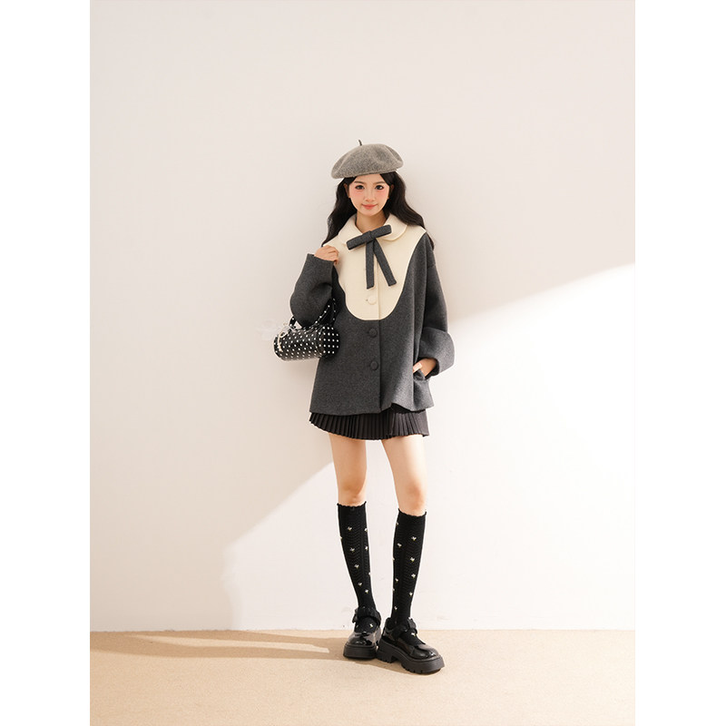 半季初雪 甜美少女感百搭蝴蝶结灰色拼接毛呢外套+半身裙两件套