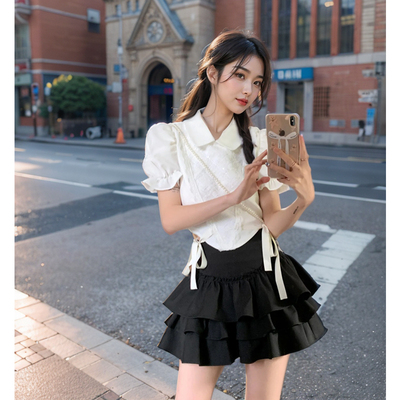 恋爱告急花边蛋糕裙+T恤上衣两件套装法式温柔短款学院风2025新款