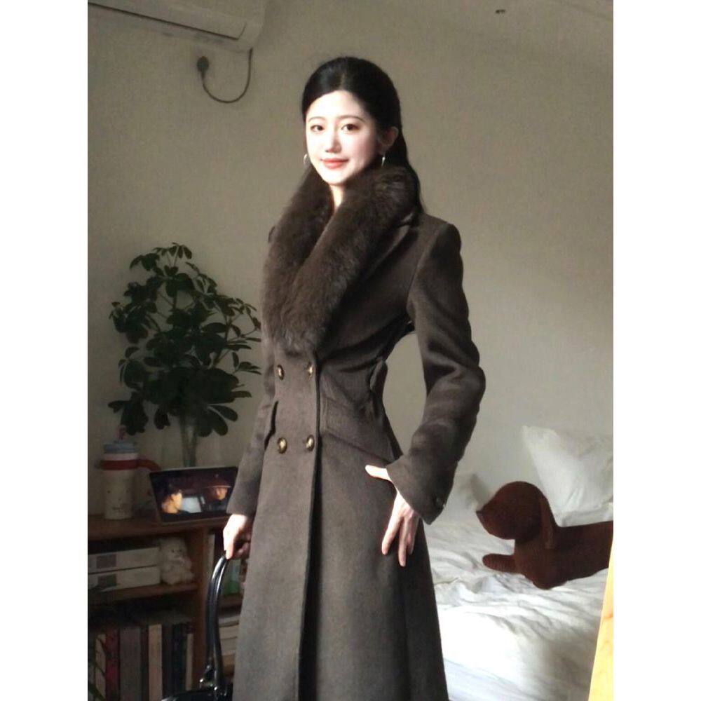 午后拿铁 复古英伦风毛领可拆卸收腰正肩气质长款毛呢大衣外套女