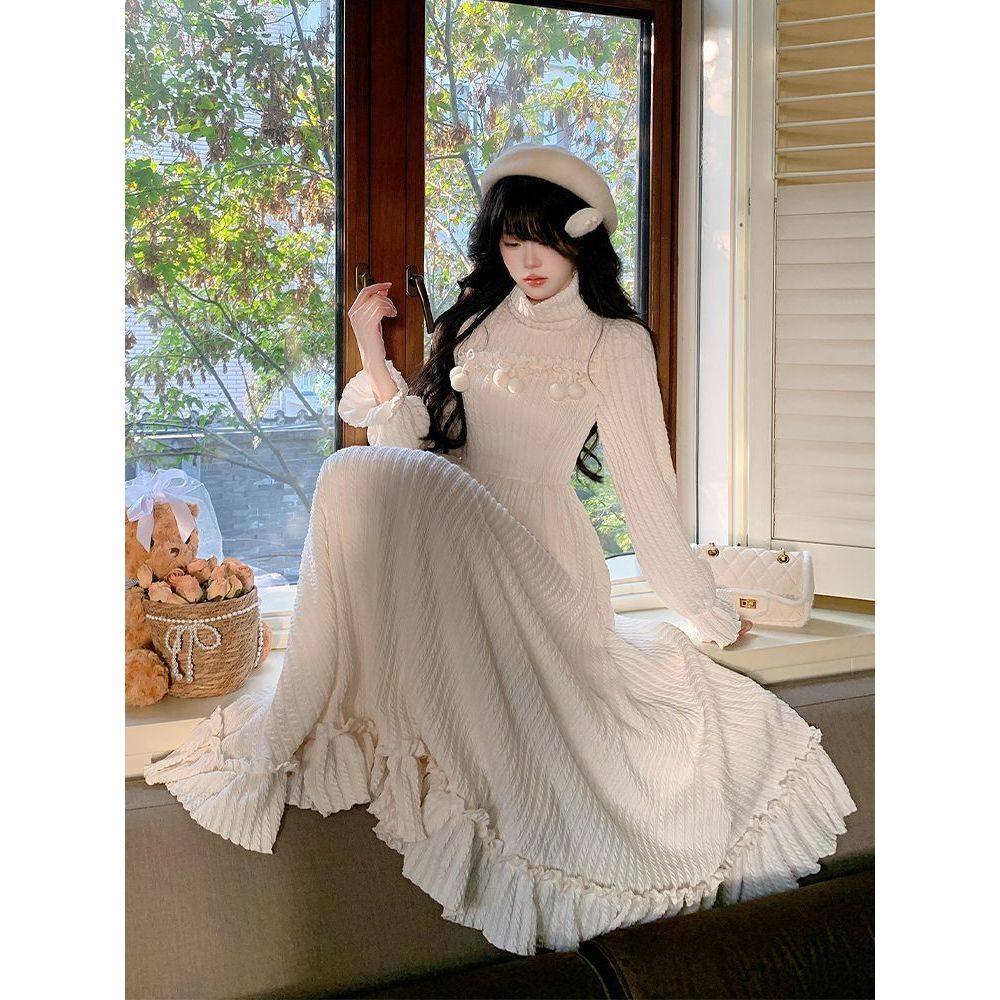 汀兰沐风 温柔风内搭中长裙长袖冬季2025新款大摆设计针织连衣裙