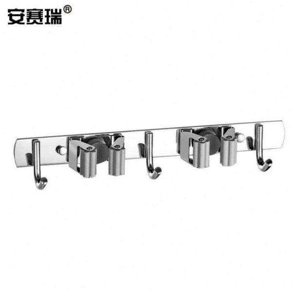 安赛瑞拖把架不锈钢免打孔拖布夹挂钩卫生间浴室壁挂式置物架灰色