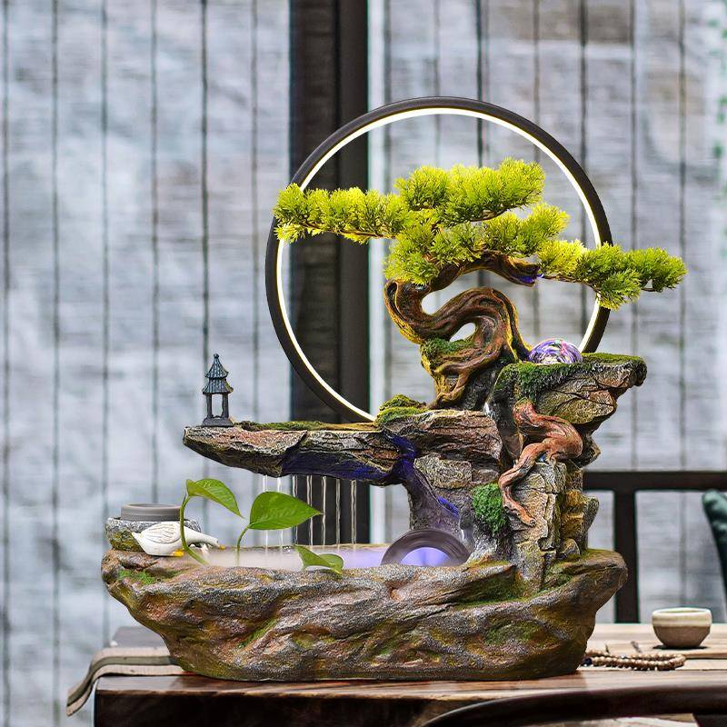 假山流水喷泉客厅办公室招财风水轮水车桌面生财循环水山水景摆件