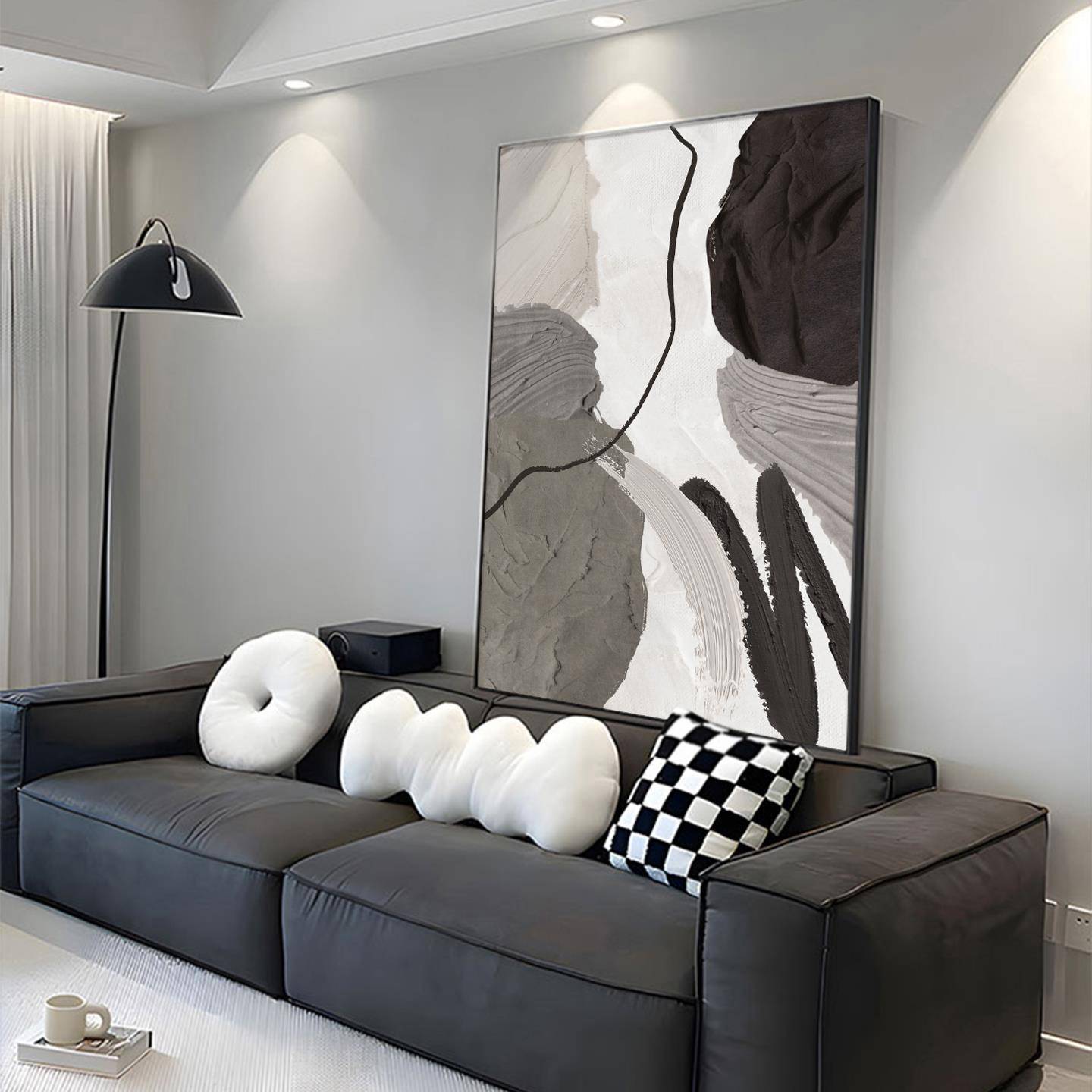 黑白极简艺术客厅装饰画抽象肌理沙发背景墙落地画高级感玄关挂画