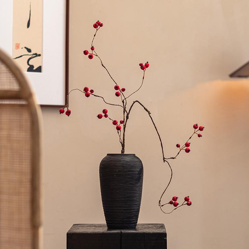 仿真花果实树枝山楂假花侘寂风复古中式新年装饰桌面仿生插花摆件