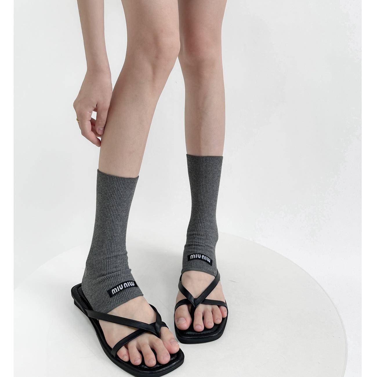 夏季薄款半掌布标miu系袜套露脚趾短款韩版个性百搭简约堆堆腿套