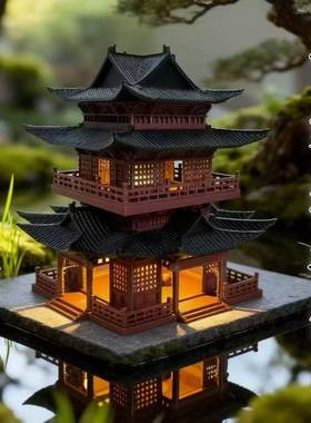 古建筑模型小房子摆件水陆鱼缸盆景假山古风微景观造景亭子diy