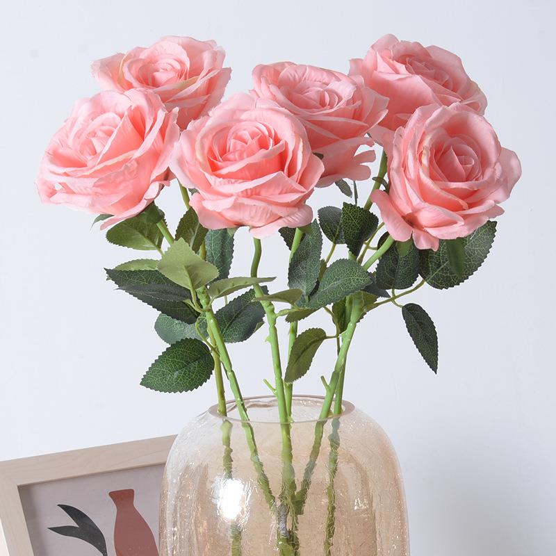 彷真单支玫瑰花假玫瑰婚庆家居客厅餐桌摆放装饰假花绢花彷真花束