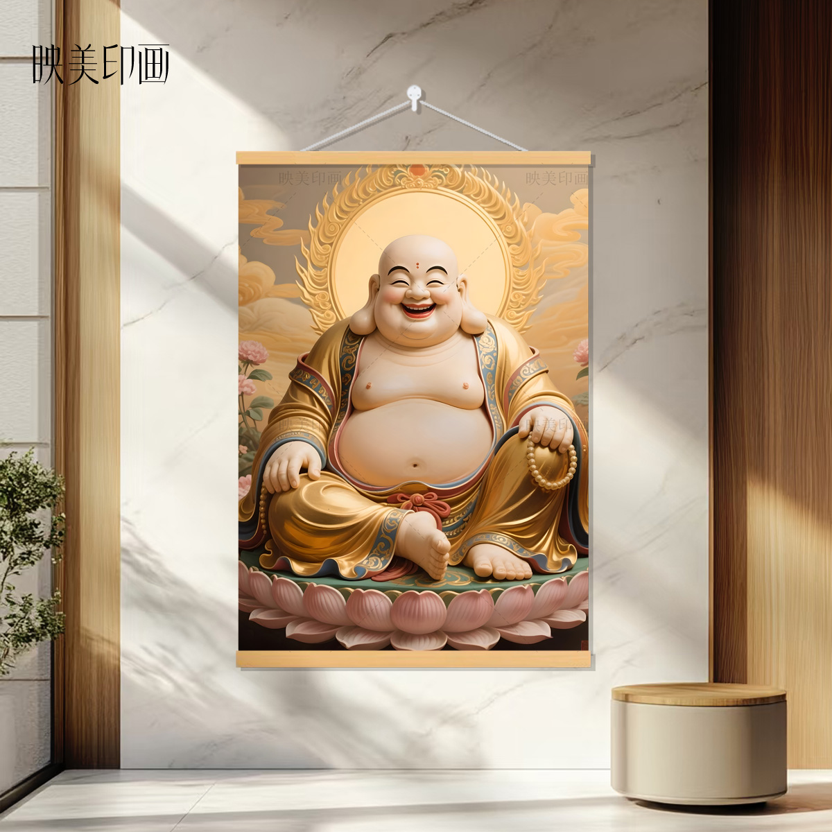 新款佛像笑口常开弥勒佛像招财进宝中式客厅玄关沙发背景装饰挂画