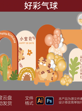 森系黄色橙色小老虎宝宝宴百天周岁生日舞台背景设计PS素材