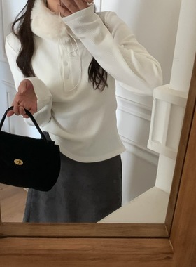 非真实价格：韩国Chic韩系休闲简约百搭加绒白色打底配毛毛围脖