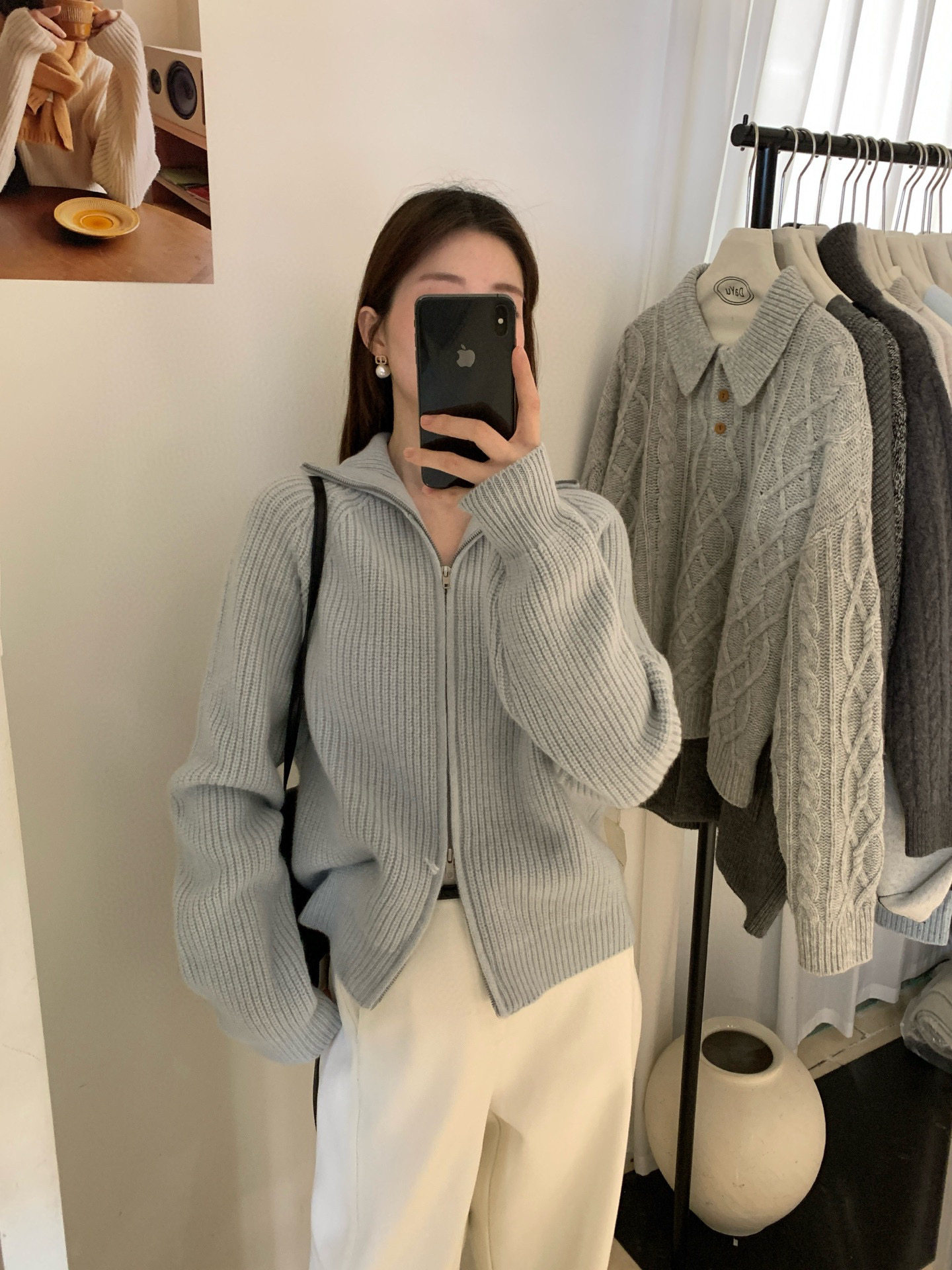 非真实价格：韩国Chic韩系休闲简约百搭翻领拉链针织羊毛开衫