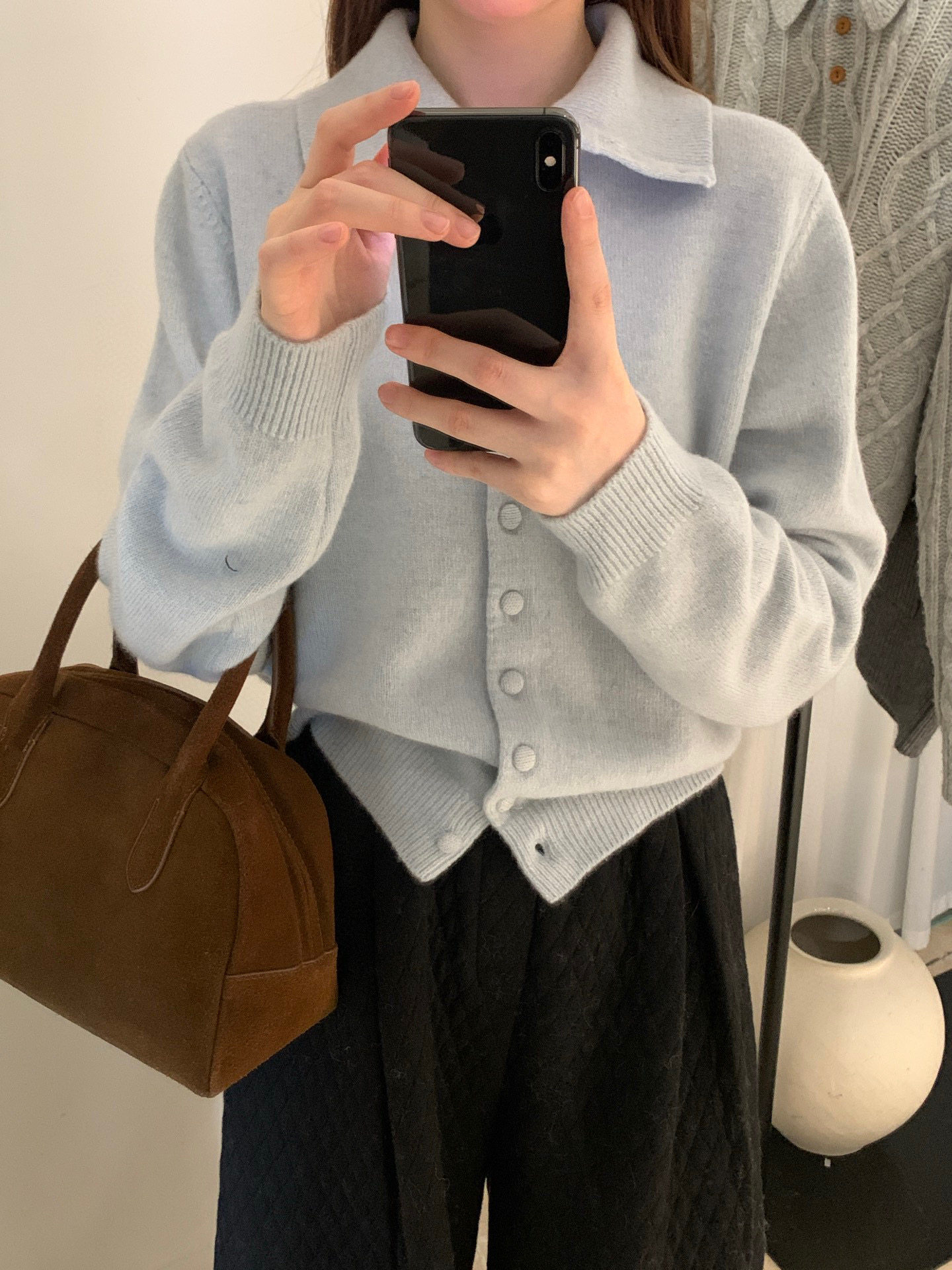 非真实价格：韩国Chic韩系休闲简约百搭翻领奶蓝色羊毛针织开衫