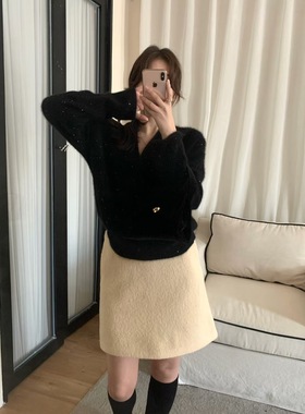 非真实价格：韩国Chic韩系休闲简约百搭V领羊毛亮晶晶针织衫毛衣