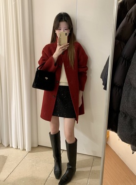 非真实价格：韩国Chic韩系休闲简约百搭红色双面羊绒红色大衣外套