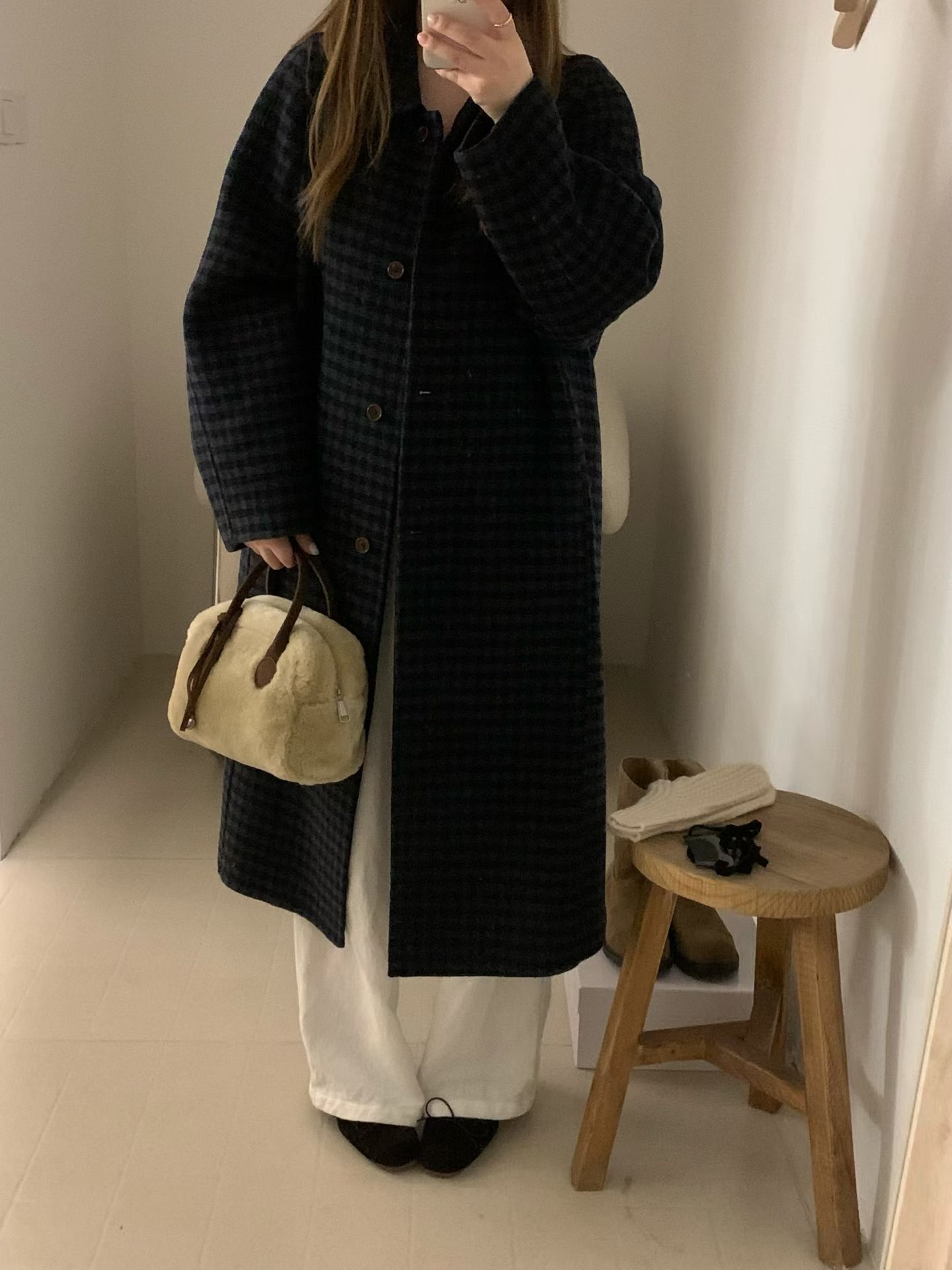 非真实价格：韩国Chic 休闲简约百搭中长款格子双面羊绒大衣外套