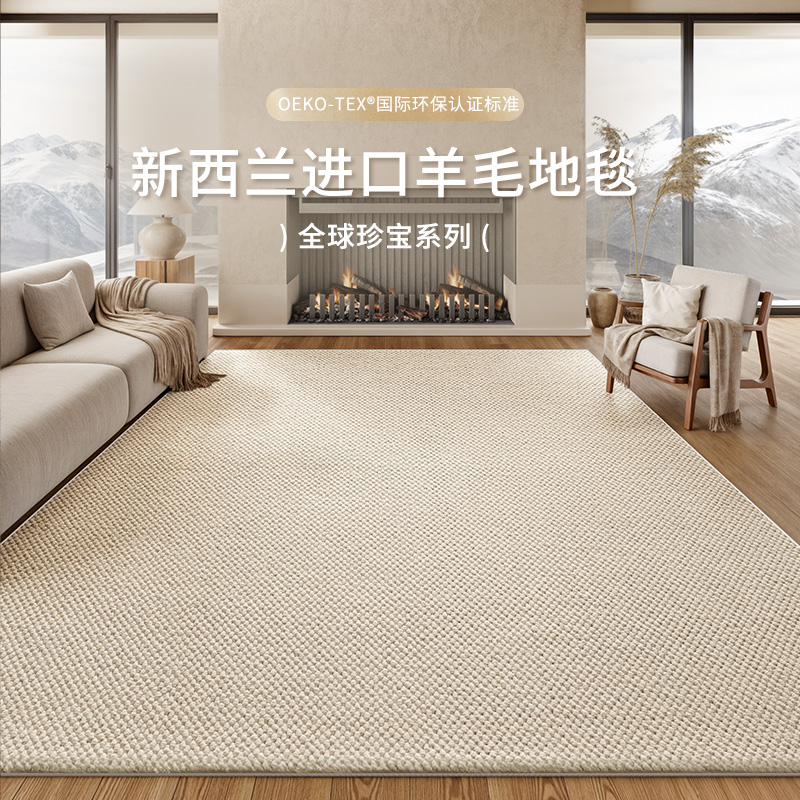 纯羊毛地毯客厅202o4新款简约免洗可擦满铺卧室地垫子纯色轻奢高