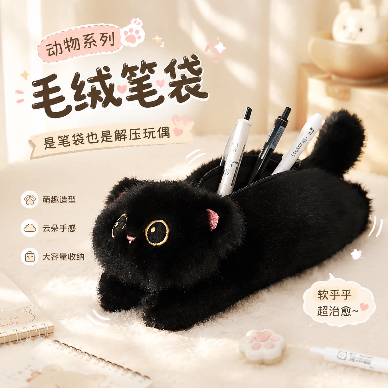 小黑猫毛绒趴趴2026超火收纳笔袋可爱玩偶卡通动物创意小学生猫猫公仔文具袋高颜值文具盒儿童收纳包礼物女孩