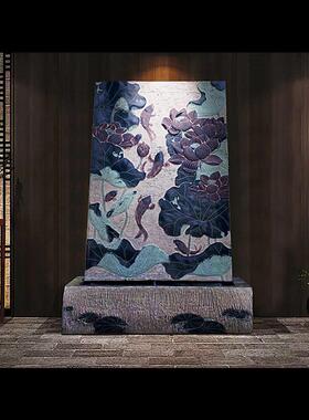 大型落地荷花鲤鱼流水景覌幕墙假山树脂摆件鱼戏莲香喷泉细雨荷塘