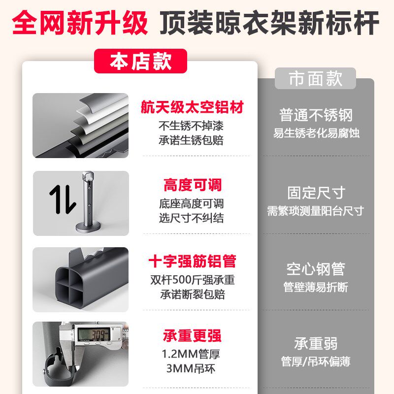 阳台固定晾衣杆墙上顶装晾衣架固定式晒衣杆吊杆挂衣杆吊座晒衣架