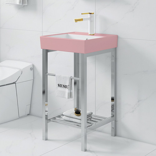 粉色洗手盆不锈钢支架阳台落地式一体陶瓷卫生间洗脸盆简约洗漱池