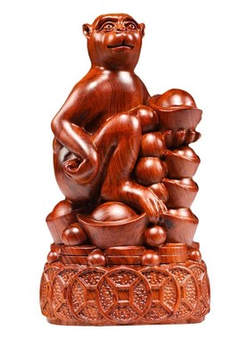 花梨木雕刻猴子摆件生肖猴实木质灵猴献桃办公装饰送礼红木工艺品
