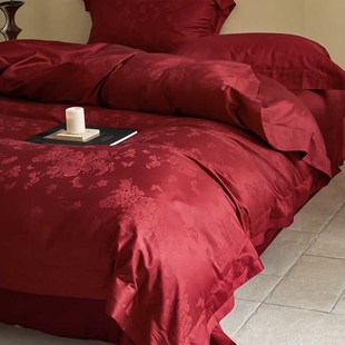 高级感红色结婚四件套100S长绒棉纯棉被套喜庆新婚庆床单床上用品
