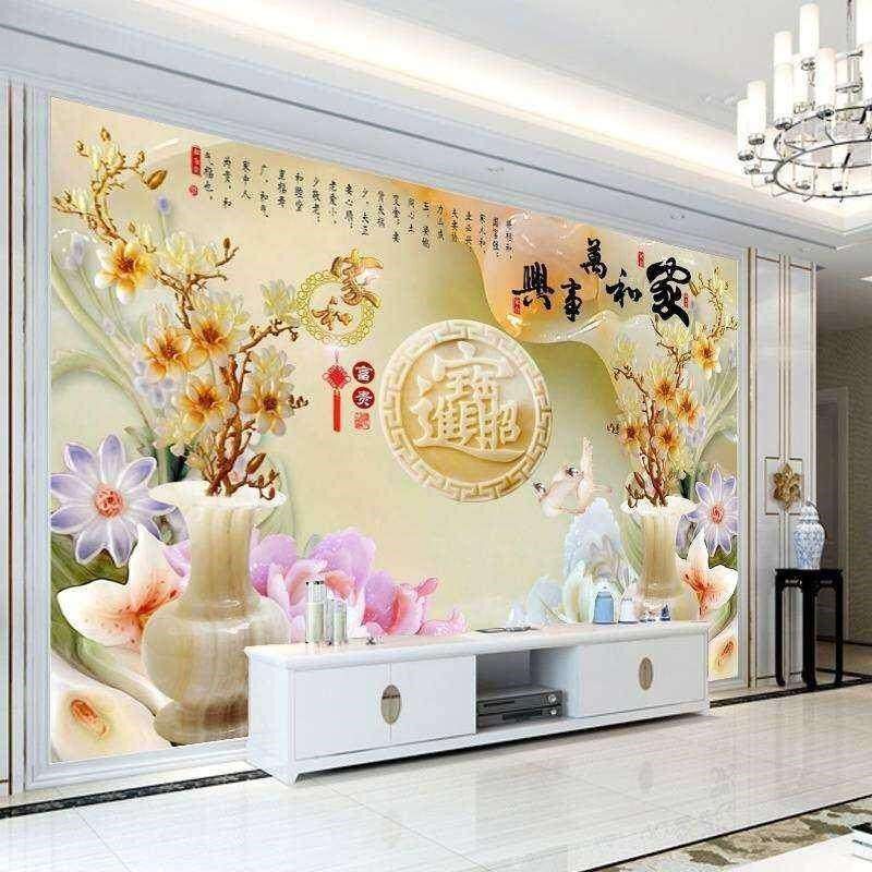 电视背景墙瓷砖现代简约新中式3立体客厅影视墙微晶石雕磁砖壁画