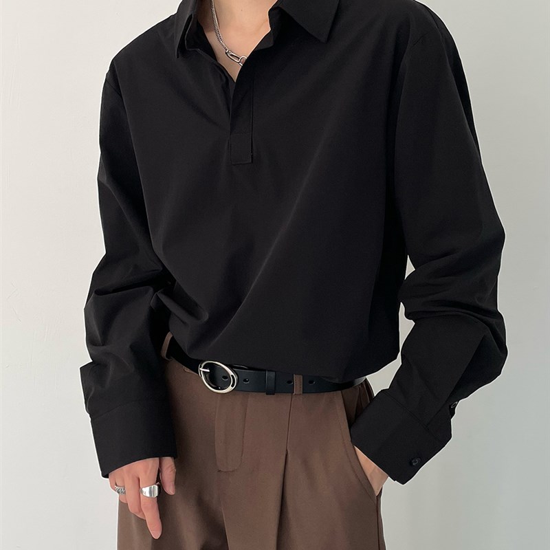 SF/秋春新ins韩版chic风潮流轻熟纯I色套头长袖衬衫男士宽松版衬