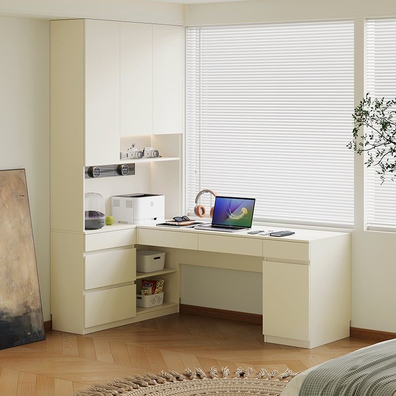 定制实木奶油风书柜带转角书桌一体2024新款靠墙学习写字电脑桌子,住宅家具,书桌,淘宝优惠券,粉丝福利购,淘宝优惠卷