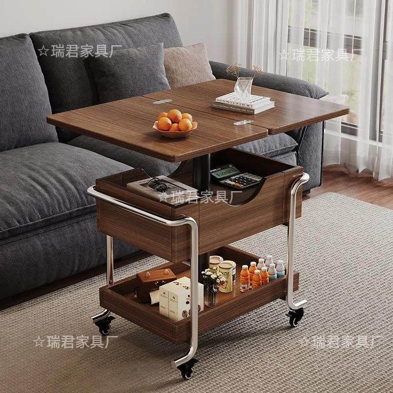 实木古风中古小推车客厅家用移动收纳折叠覆古茶几小户型升降沙发