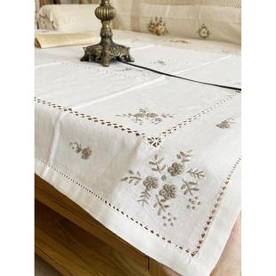 法式乡村白色餐巾茶几布手工抽丝镂空立体灰线绣竹节麻桌布盖巾