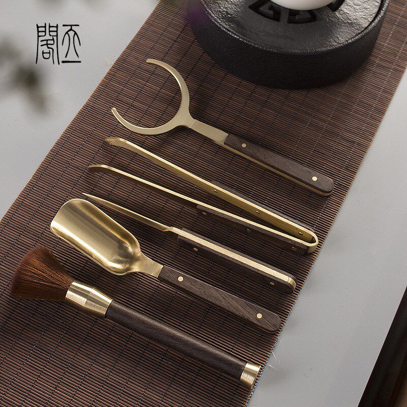天一閣丨纯铜实木茶道六君子套装茶具配件茶夹茶T勺茶刀养壶笔杯
