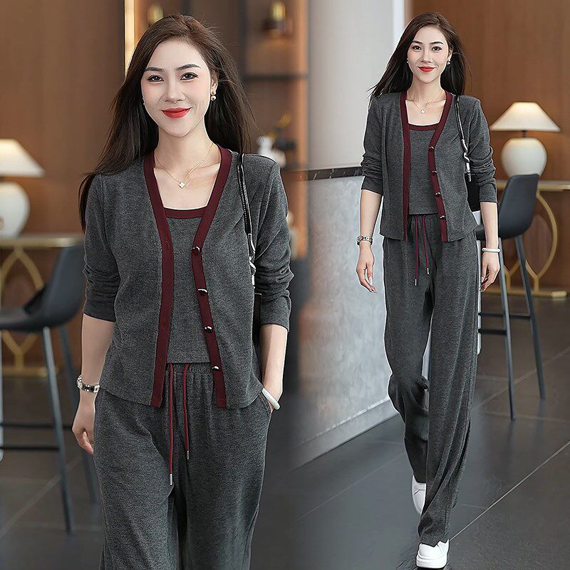 春秋时尚休闲套装女2025新款小个子韩版洋气减龄开衫阔腿裤三件套