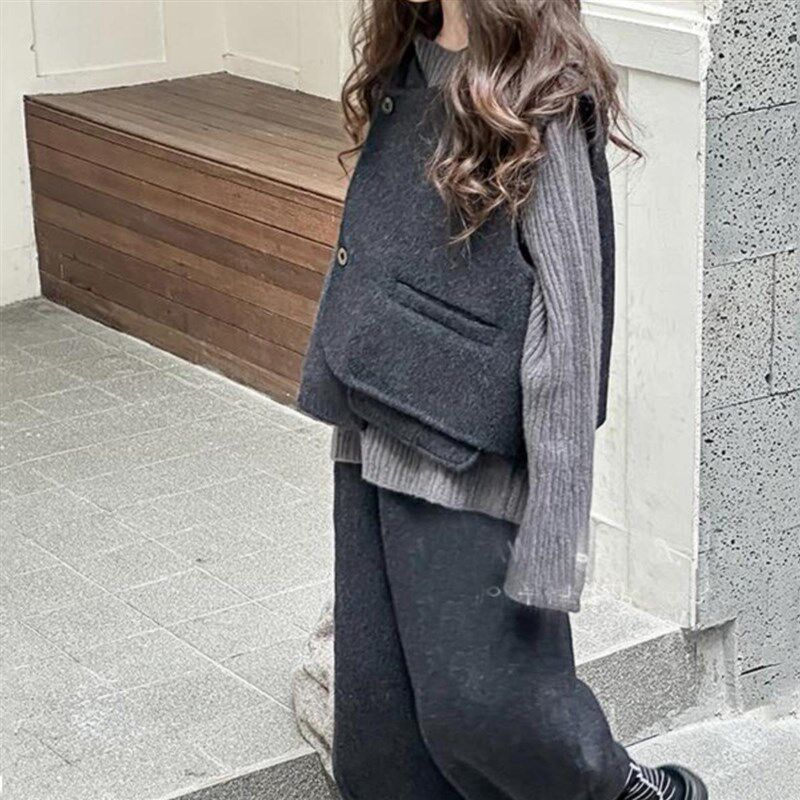 女大童高级感套装韩版儿童秋冬新款毛呢马甲洋气韩版时髦长裤套装
