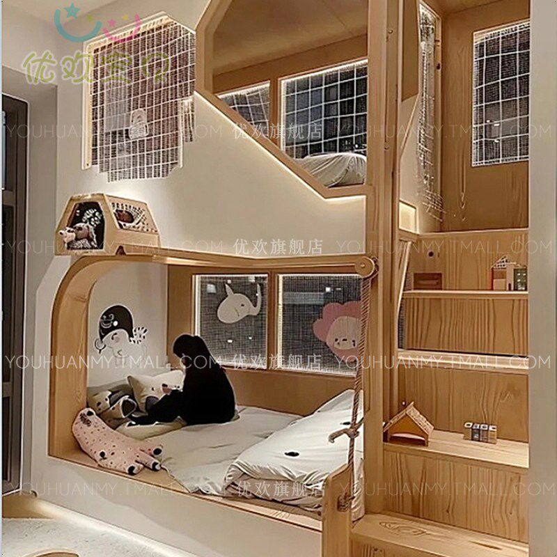 原木风儿童床森林树屋上下床客厅改造设计感双层楼梯床手工定制床