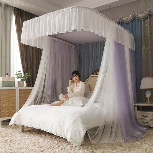 双层防蚊雪纺轨道宫廷蚊帐三开门防尘卧室落地导轨加厚铝合金支架