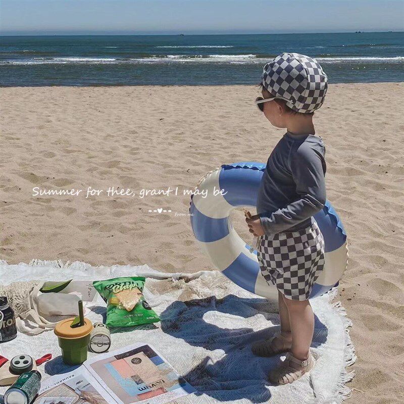 ins儿童泳衣男童中小童棋盘格子分体防晒长袖泳T装宝宝连体游泳裤