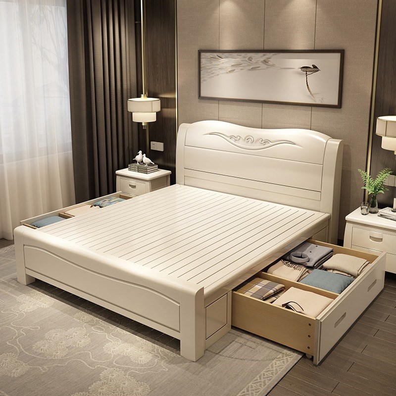 白色简约现代实木床主卧1.8米中式双人床小户型1米5高箱储物婚床