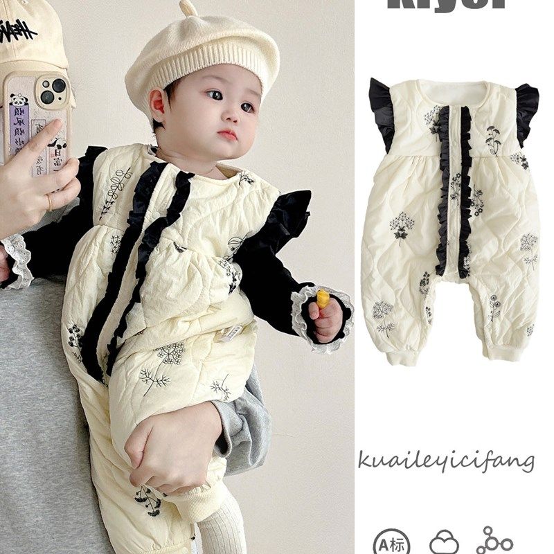 婴儿背带裤秋冬刺绣夹棉加绒保暖连体裤宝宝外穿无袖连体衣Z1227