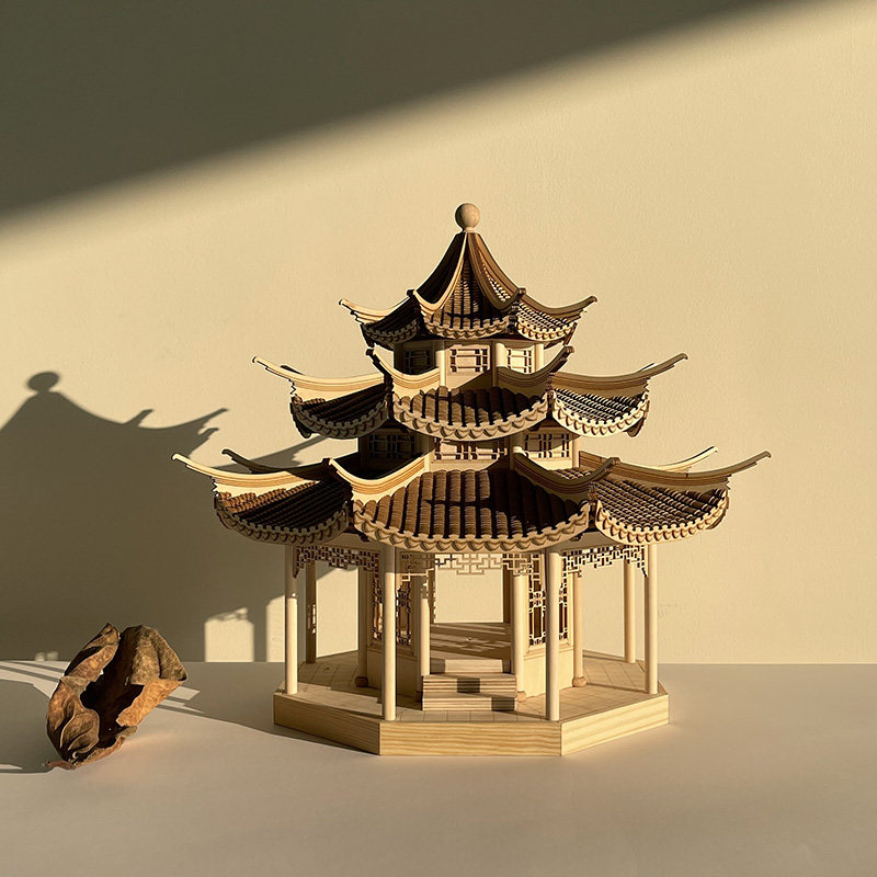 中国古建筑木模型中式古代木质拼装建筑成品古铜色模型摆件