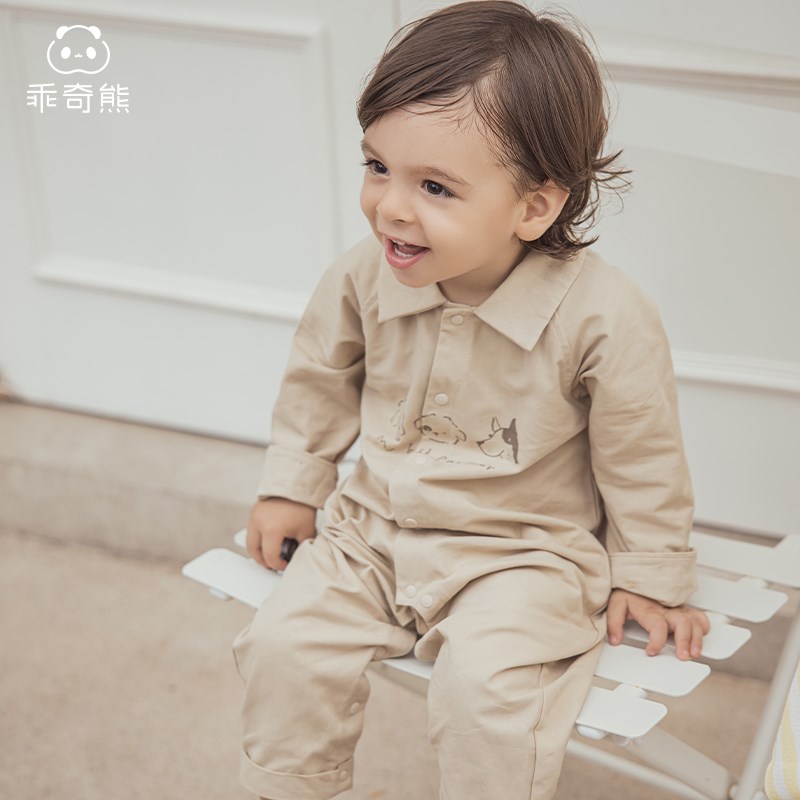 乖奇熊婴幼儿衬衫连体衣春秋季男宝宝帅气哈衣爬服早秋外出服秋装