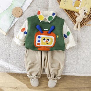 男童套装春装2025新款洋气婴儿童春季帅气毛衣马甲三件套宝宝潮衣