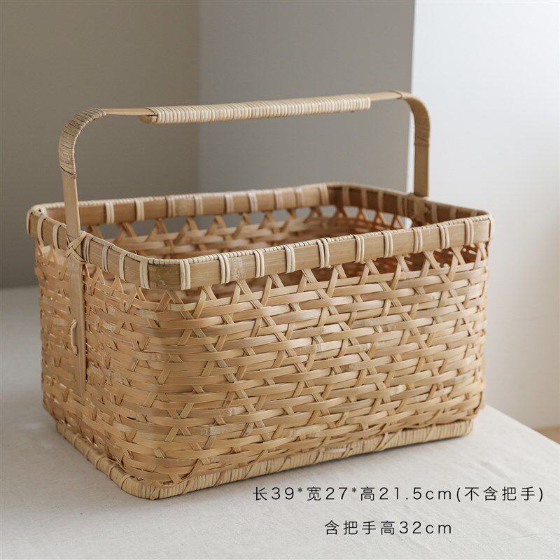 手工手作竹工艺竹编制品收纳筐筐大号提篮蔬菜蓝家居收纳双层编织